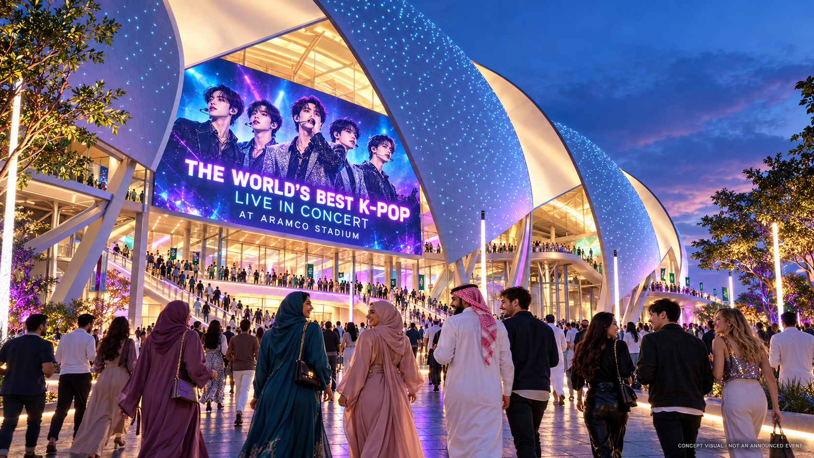 Concept illustration of a diverse crowd arriving at Aramco Stadium for a fictional K-pop concert.