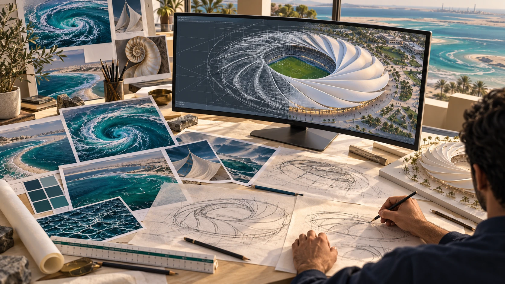 Illustration of an architect sketching a stadium with an unfinished digital model and Dawwama reference prints