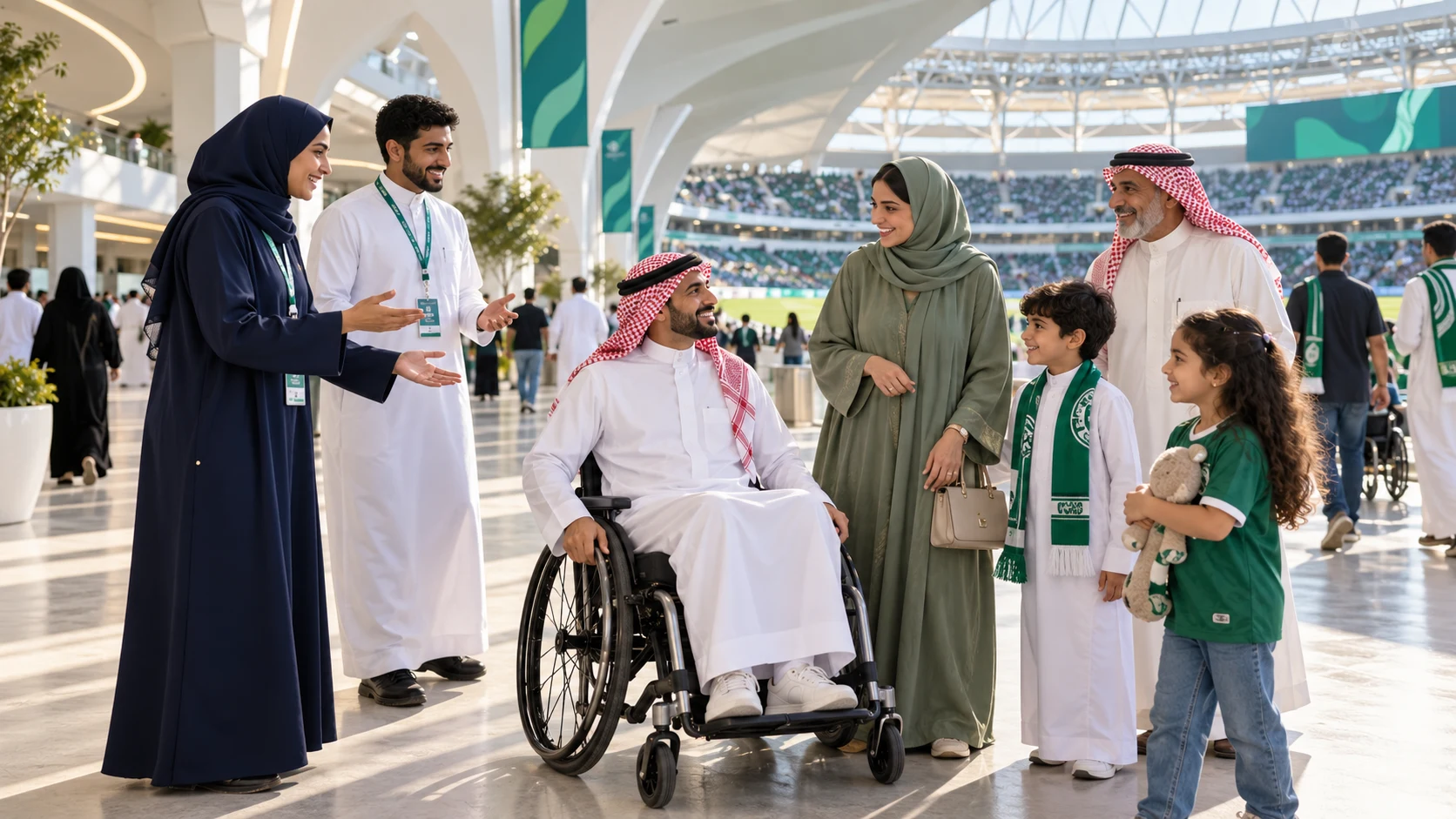 Illustration of stadium staff welcoming a wheelchair user and a family
