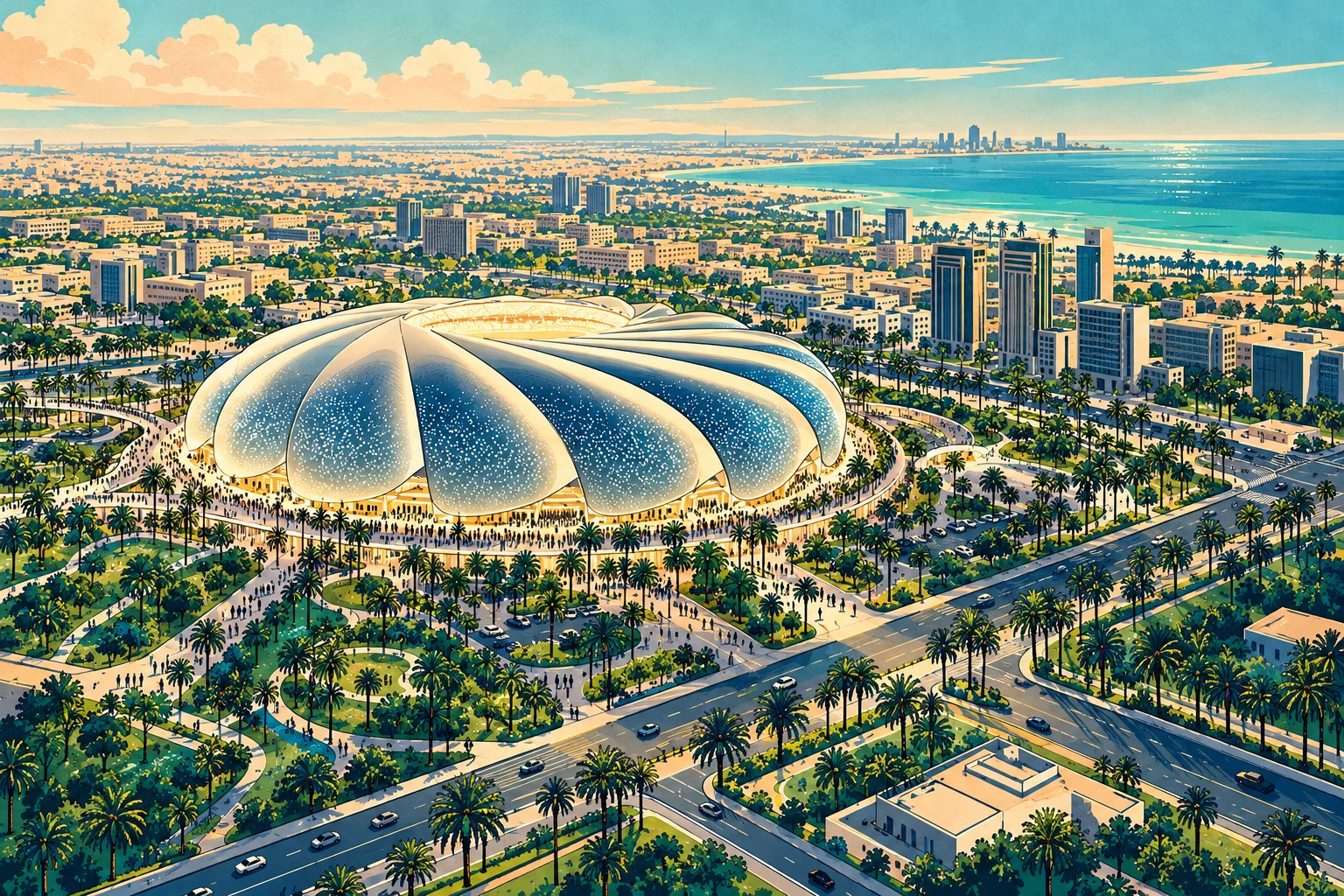 Illustrated Aramco Stadium surrounded by a coastal city