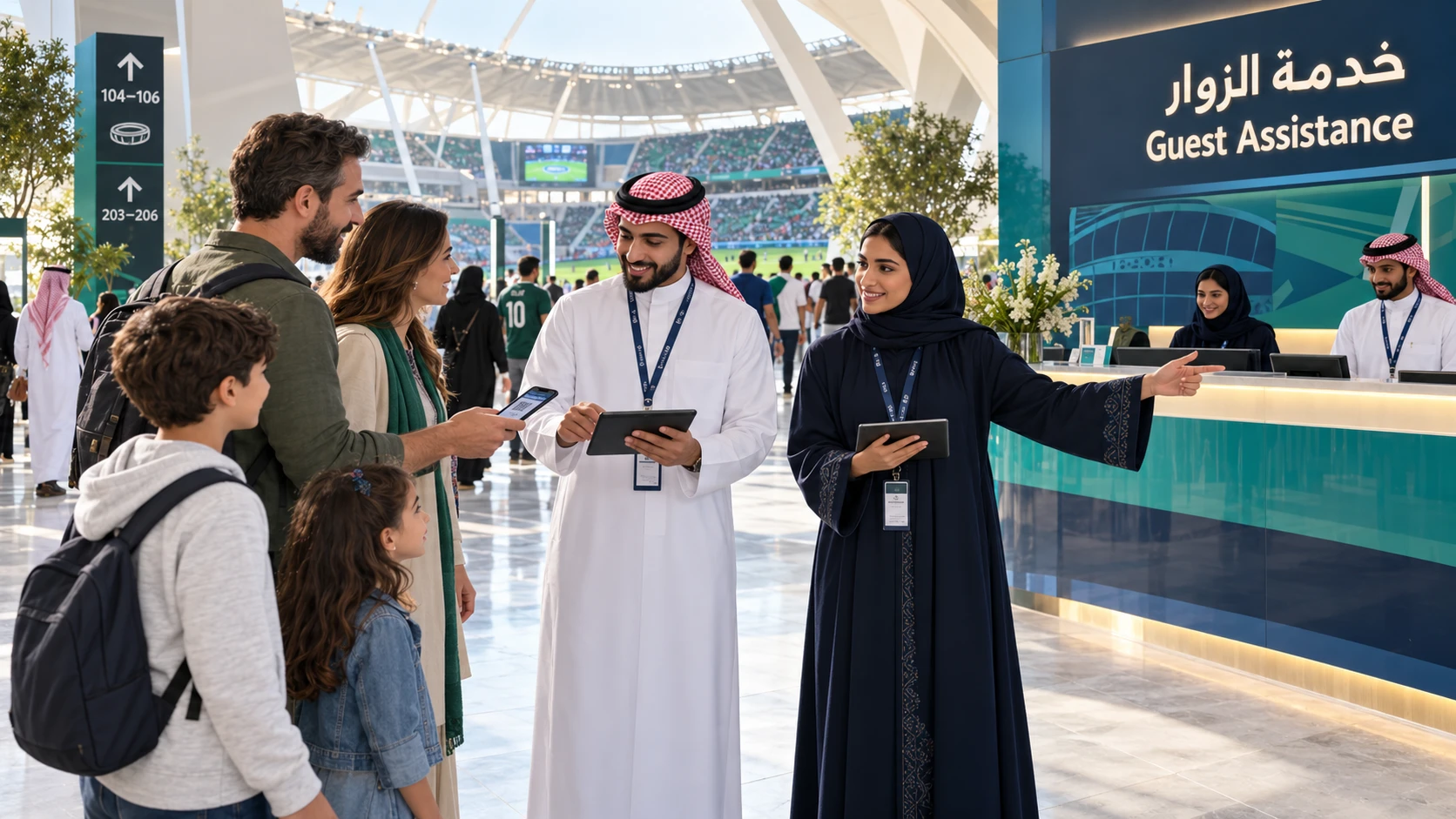 Illustrative Saudi guest-services staff assisting stadium visitors with tablets at a bilingual Guest Assistance desk
